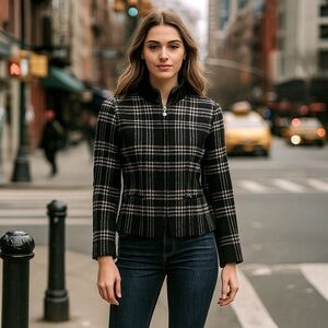Jones New York Black Plaid Wool Blend Zip Jacket – Size 6